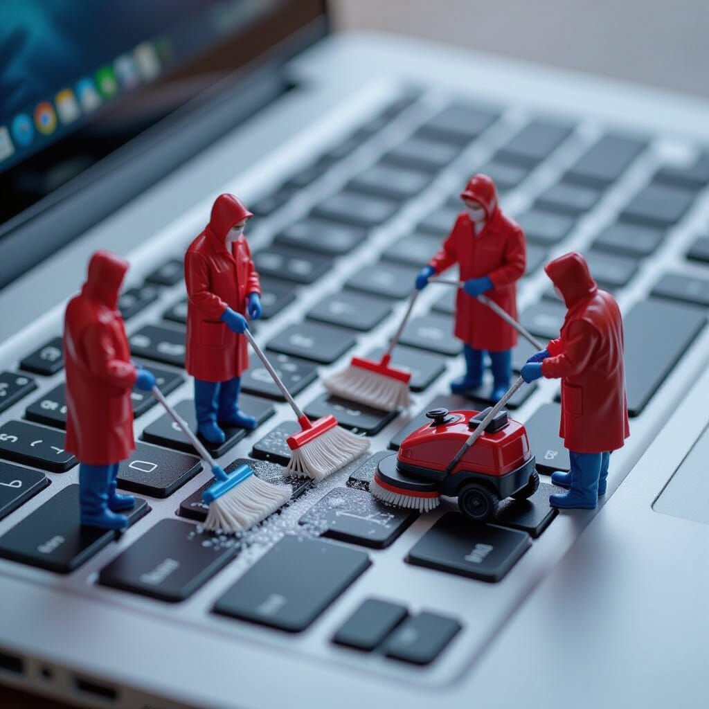 Tiny Janitors Cleaning Laptop Keyboard in Hyper-Realistic De...