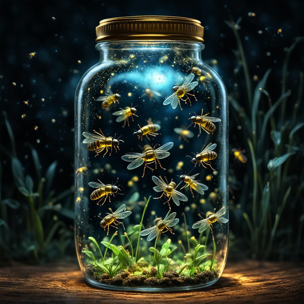 Glowing Fireflies Captured in a Bottle