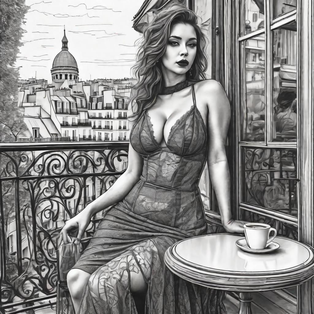 Voluptuous Woman at Montmartre Cafe, Line Art