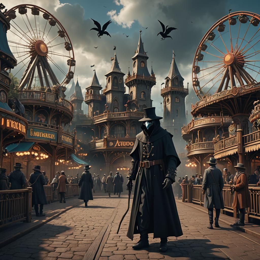 Plague Doctor Observes Amusement Park in Detailed Matte Pain...