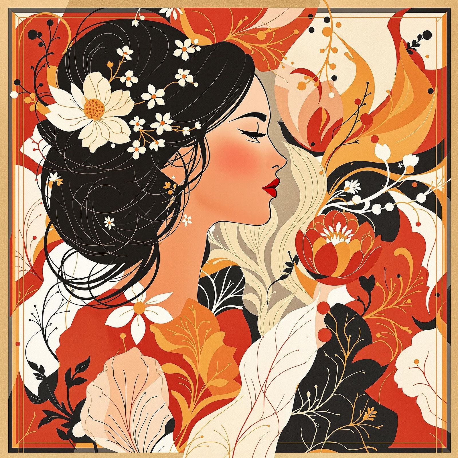 Elegant Floral Goddess in Vibrant Geometric Style