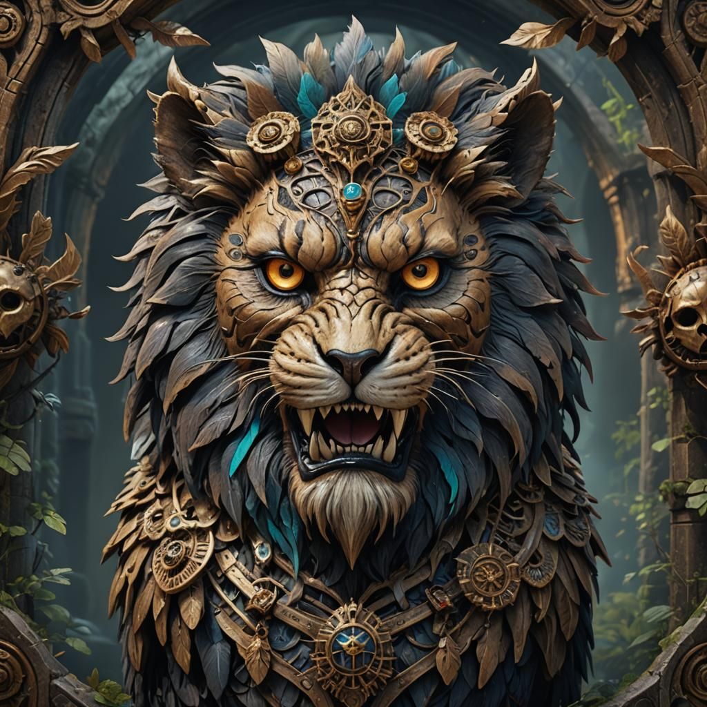 Lion Skull with Owl Face: Detailed Digital Art
