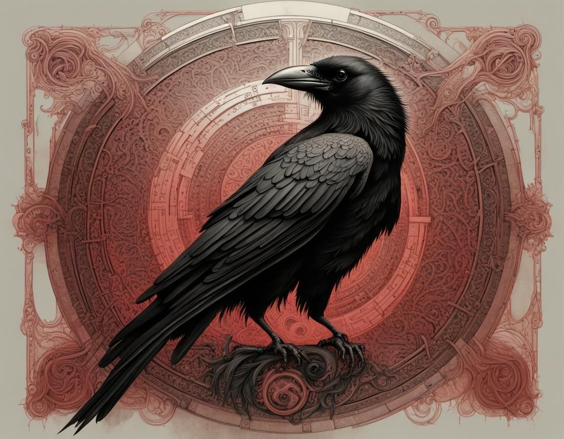 Esoteric Black Crow Illustration with Ancient Symbolism