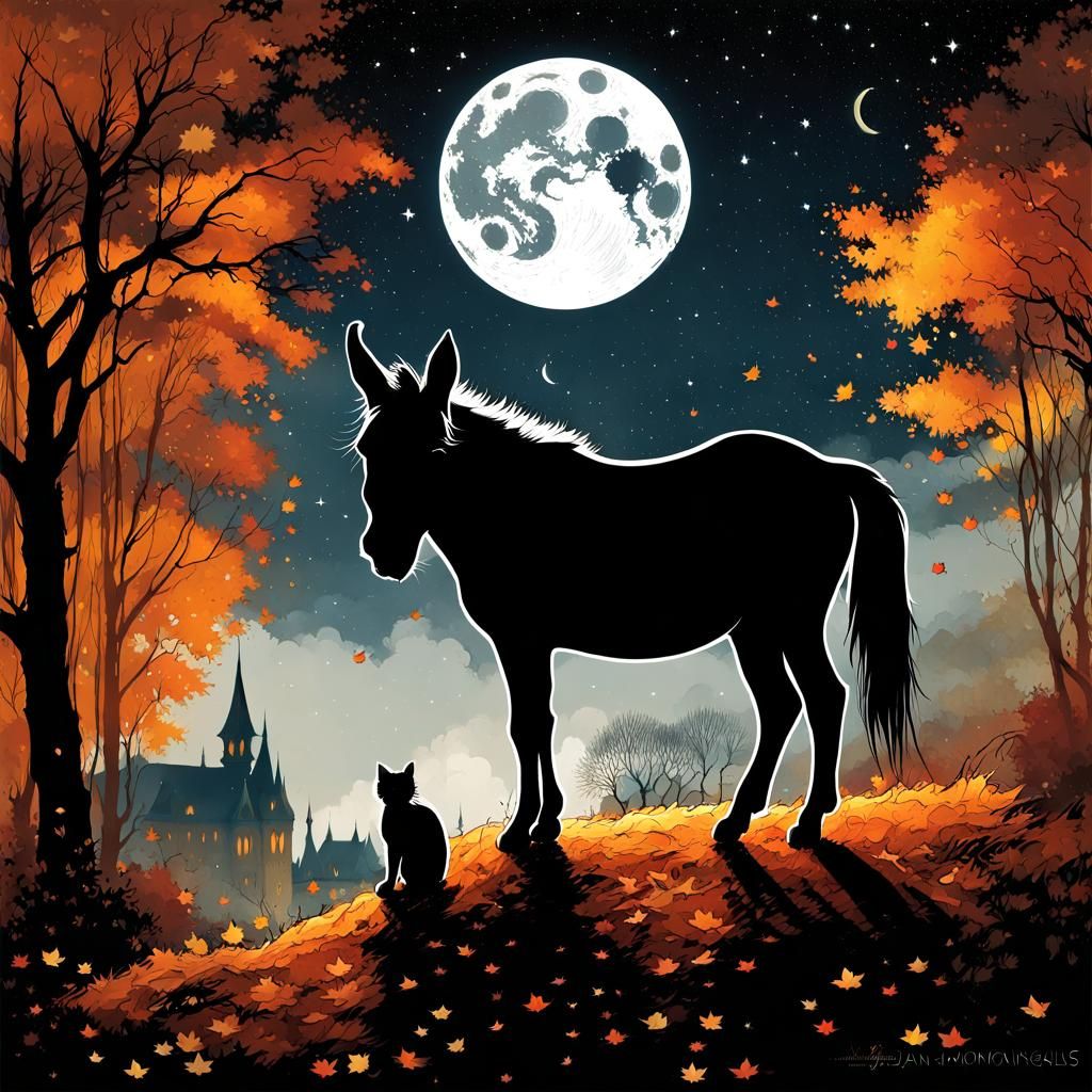 Cat and Donkey in Autumn Halloween Scene