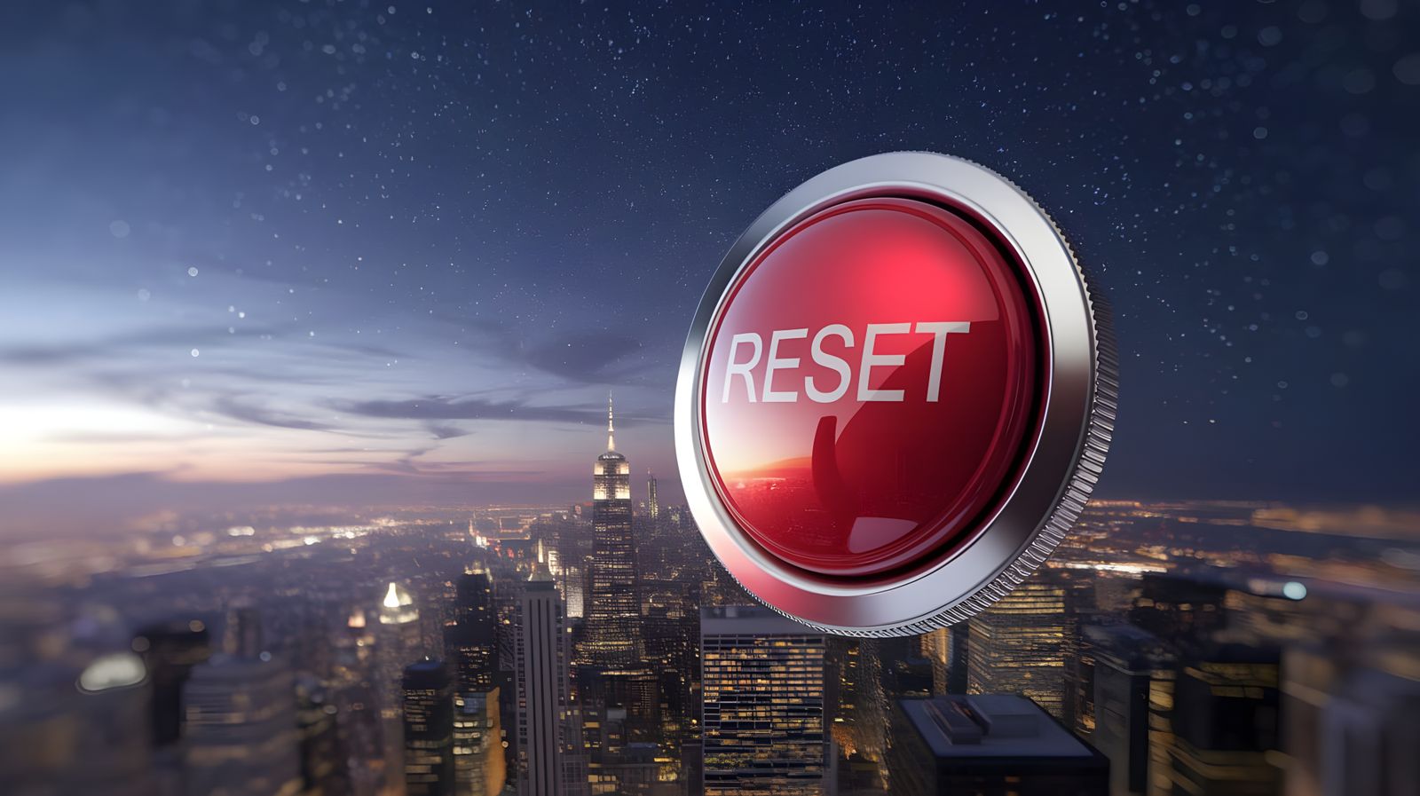 Red Reset Button Shines Above City Skyline at Night