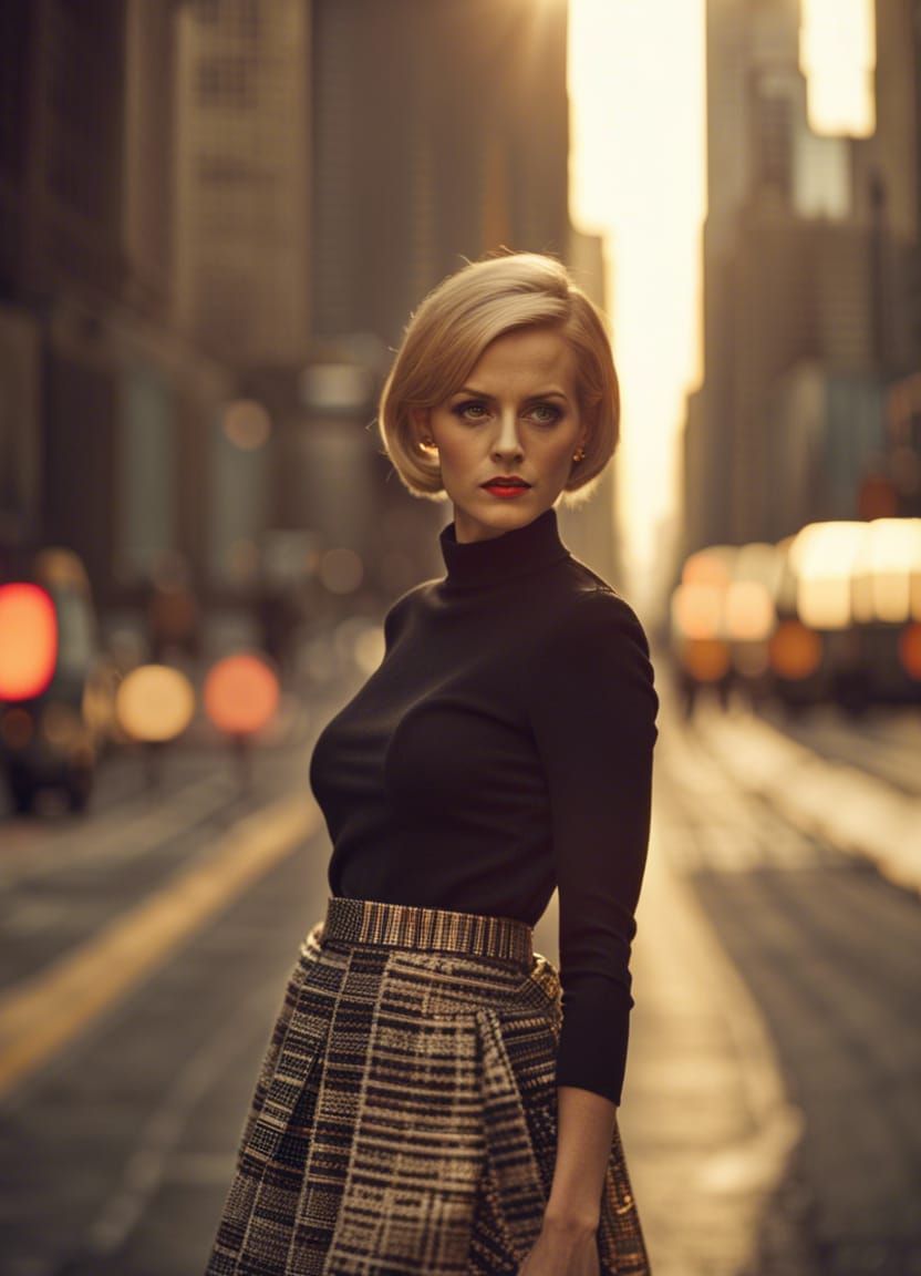 30yo woman wearing 1960s mini skirt, centred, walking down the middle of an empty New York street, skyscrapers behind.