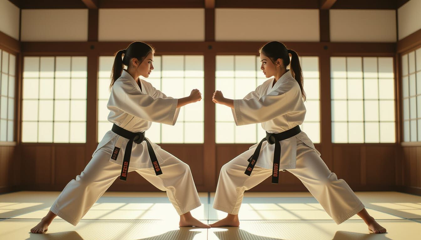 Two Athletic Women Sparring in Karate Dojo