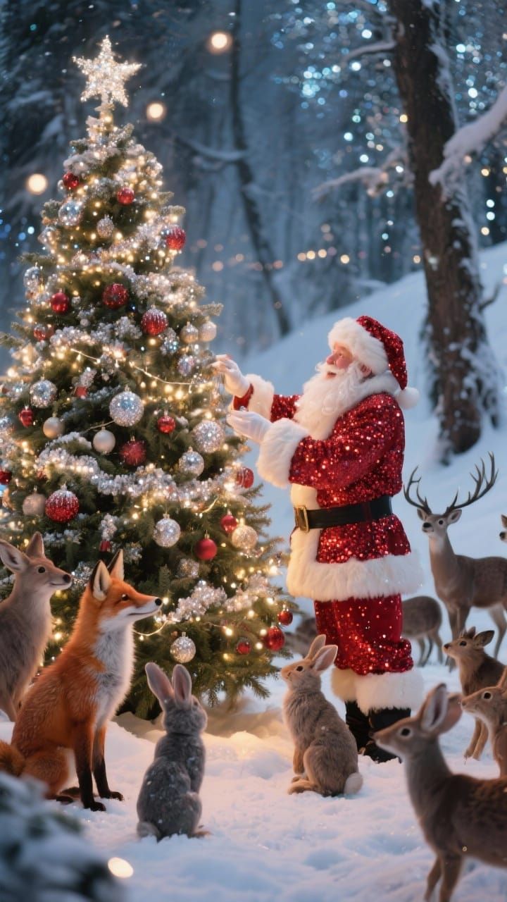 Santa Decorates Snowy Christmas Tree With Woodland Animals