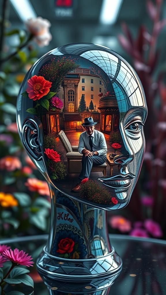 Futuristic vibrant enamel glass head filled with imagery of ...