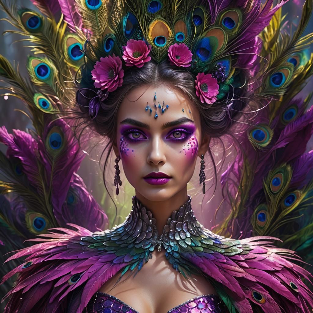 Beautiful Woman with Peacock Feathers Hair, Digital Art
