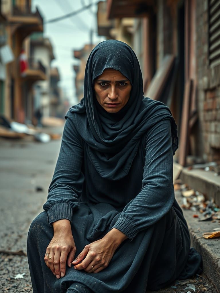 Sorrowful Hijabi Woman in Ruins