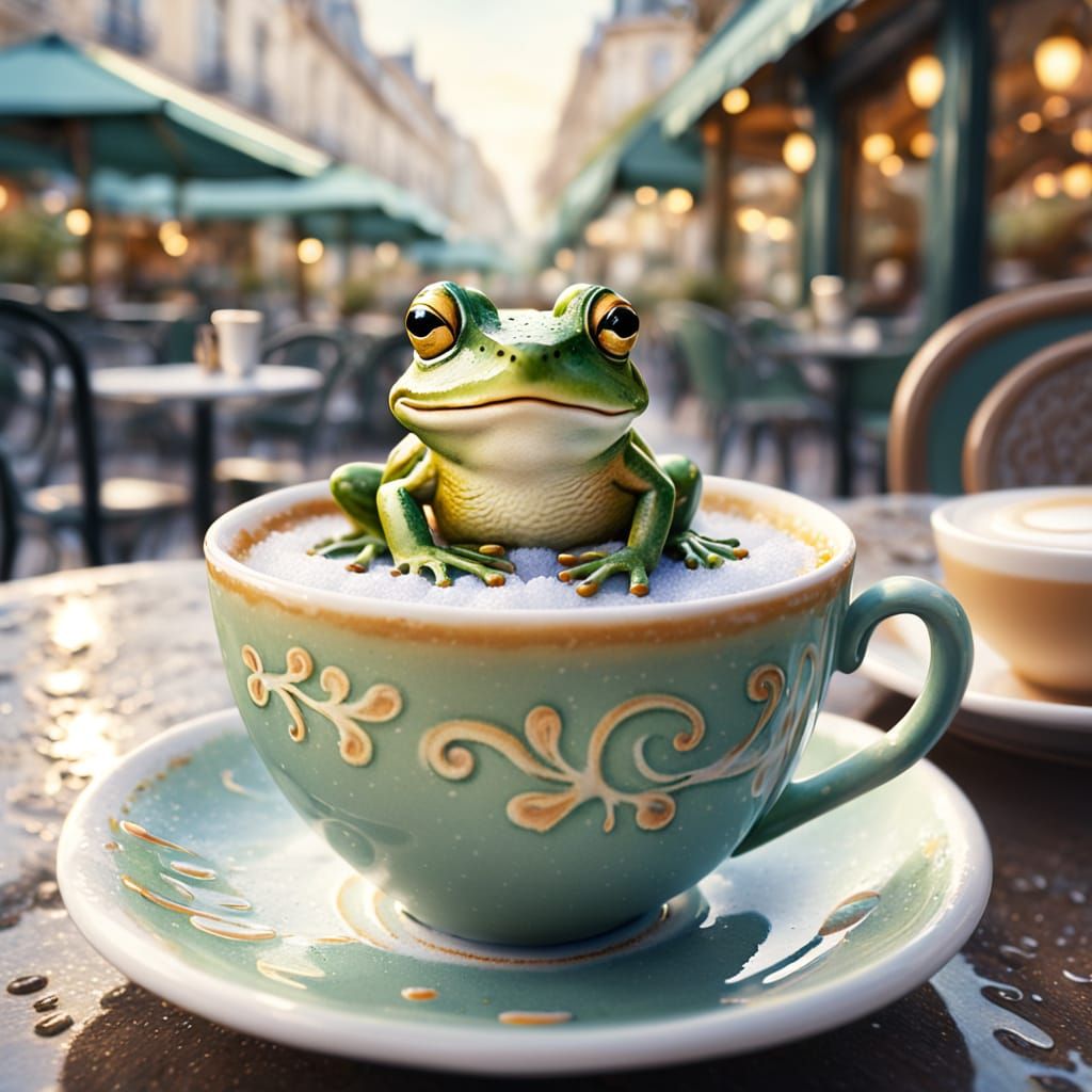 Frog in Espresso Cup: Whimsical Parisian Watercolor
