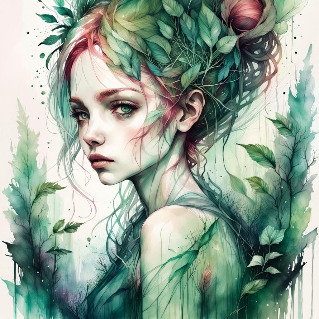 Emerald Forest Woman: Watercolor and Ink Art