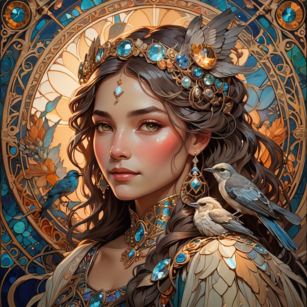 Woman with Mockingbird in Art Nouveau Style