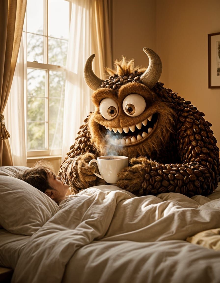 Coffee Bean Monster Gently Awakens Sleeping Person