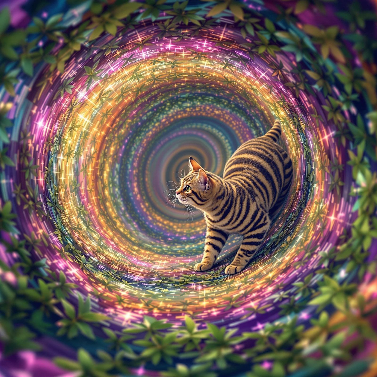 Surreal Tabby Cat Merging with Catnip Patterns