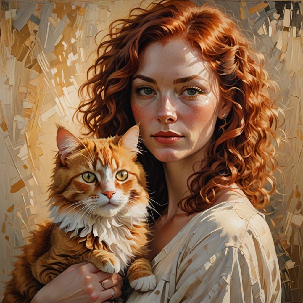 Impressionist Woman with Furry Feline Companion