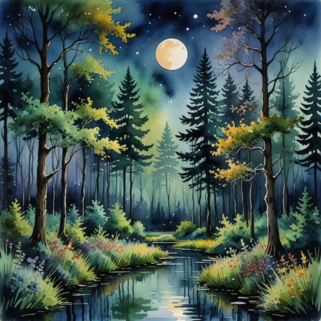 Moonlit Forest Landscape in Impressionist Watercolor Style
