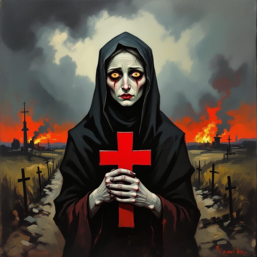 Gaunt Woman With Red Cross in War-Torn Landscape