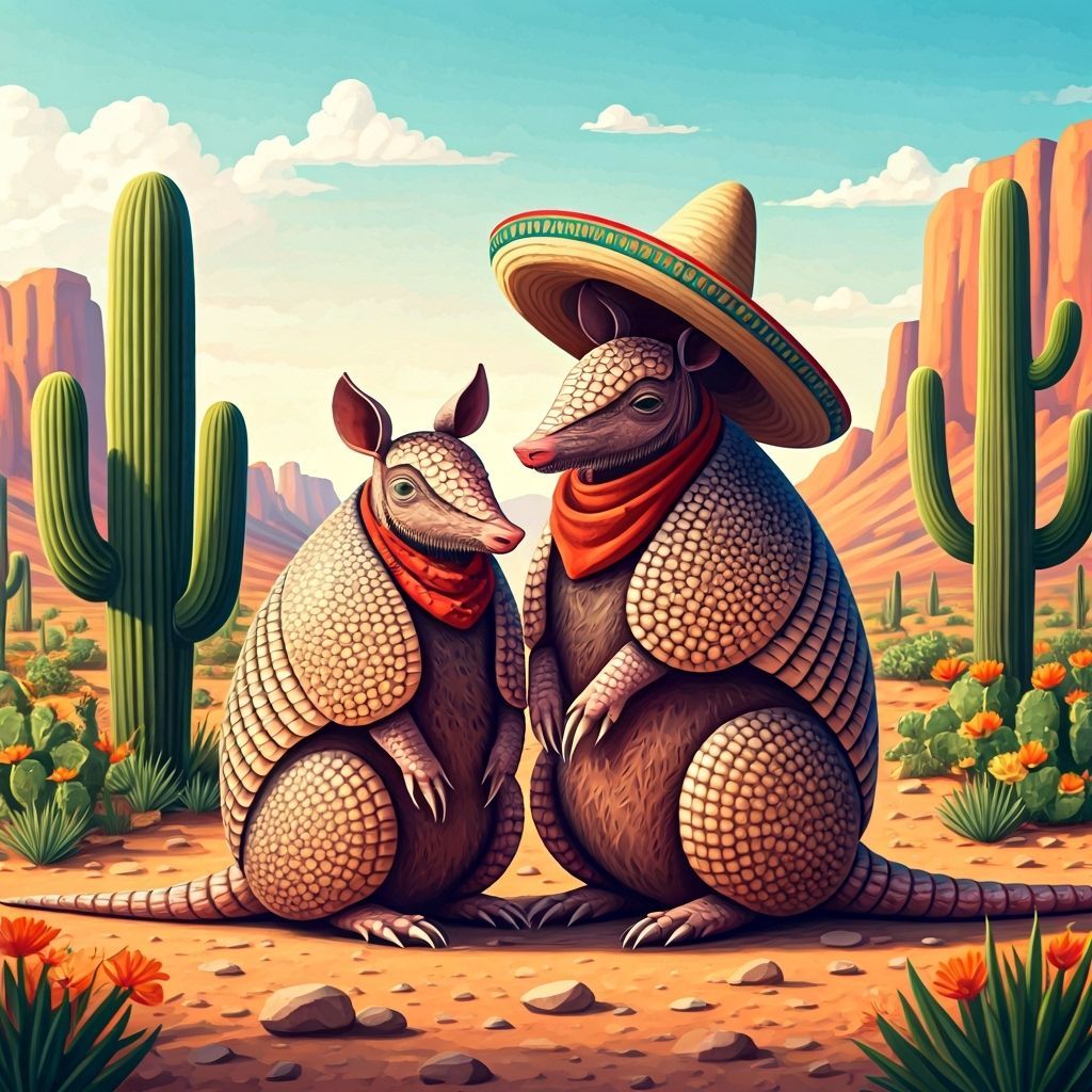 Armadillos Celebrate in Desert Gouache Painting