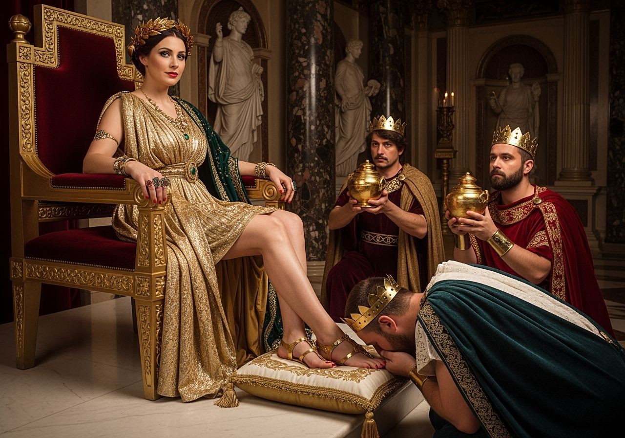 Regal Roman Empress on Golden Throne in Lavish Palace
