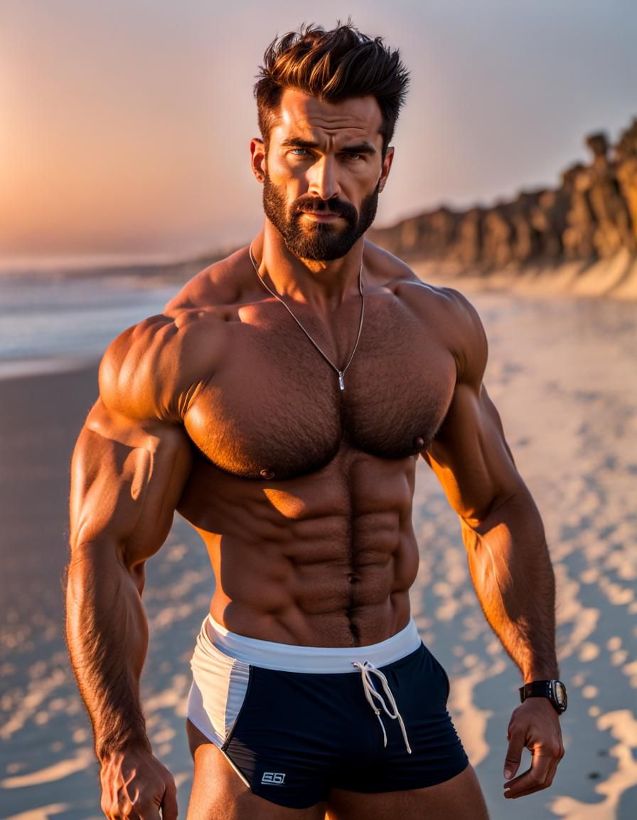 Handsome Man with Hairy Body on Beach at Sunset