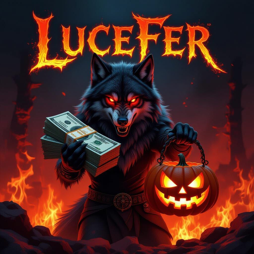 Fearsome Wolf in Hell Holding Dollars and Pumpkin Lantern