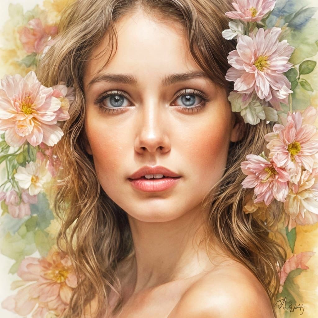 Dreamy Brunette Portrait in Watercolor Impressionism