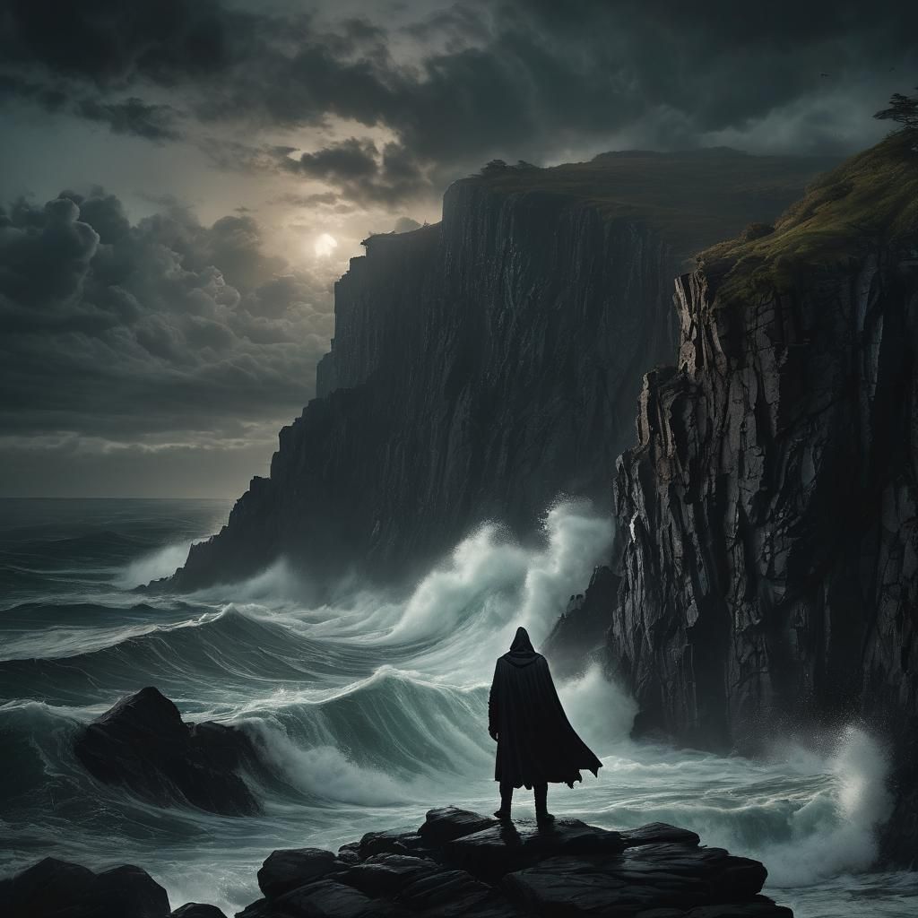 Ominous Figure at Stormy Cliff Edge