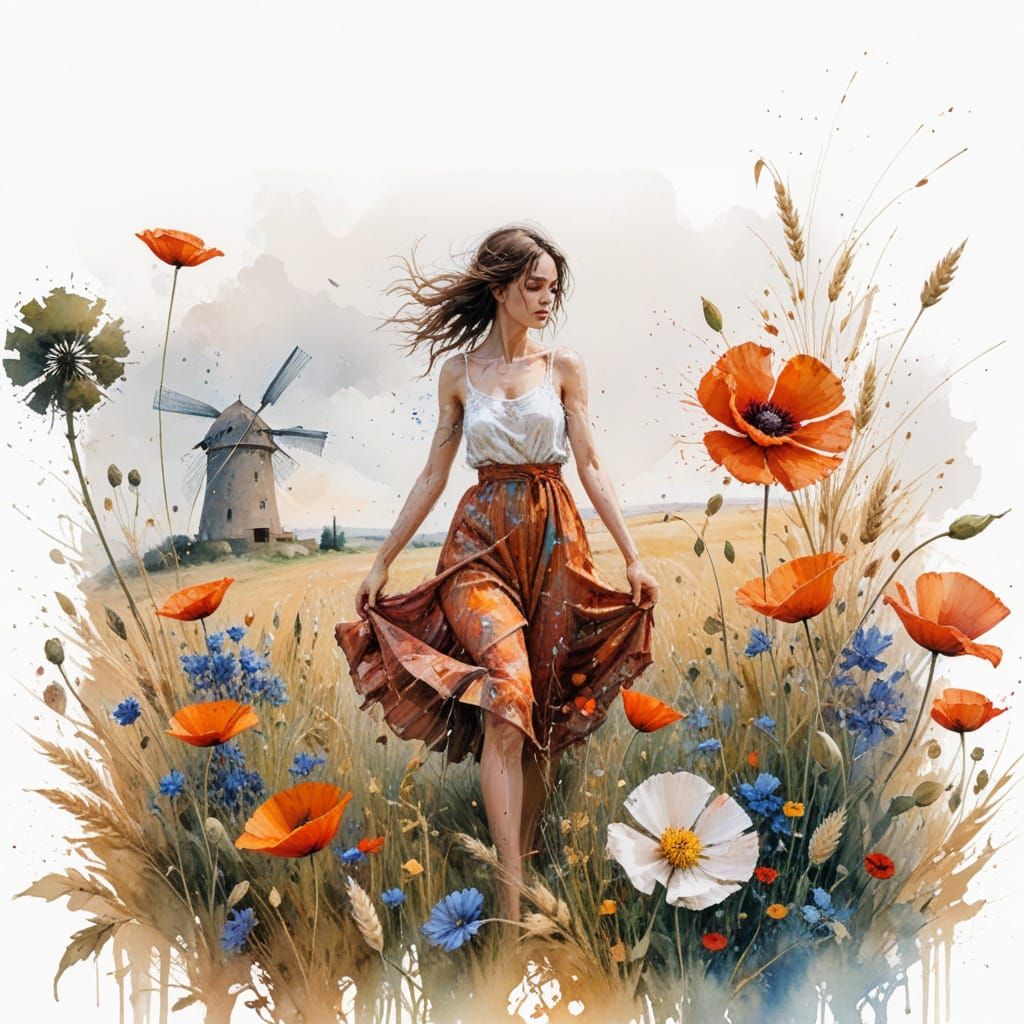 Tuscan Poppy Field with Lone Windmill in Golden Hour