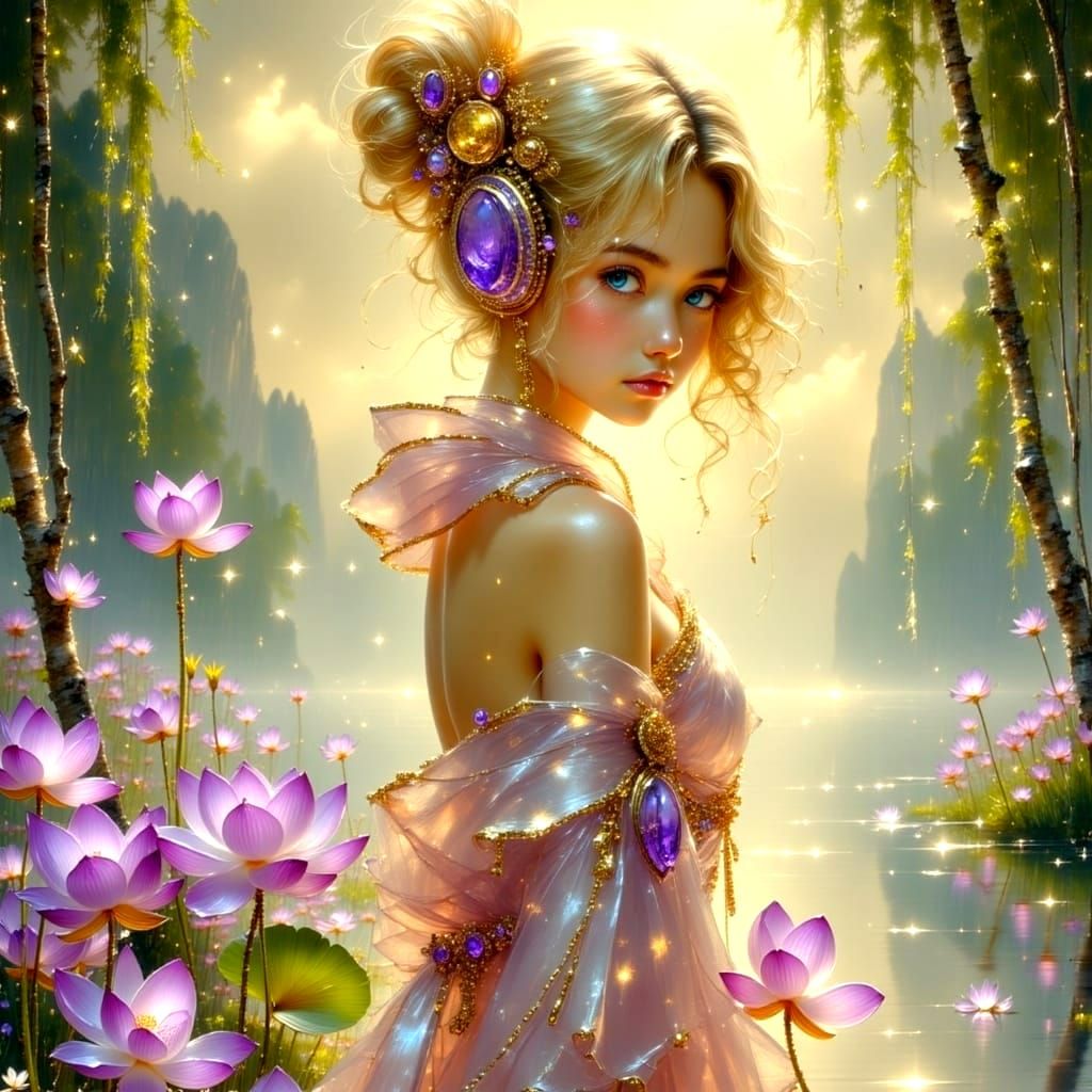 Enchanting Close-up of a Pale Blond Woman in Whimsical Robes