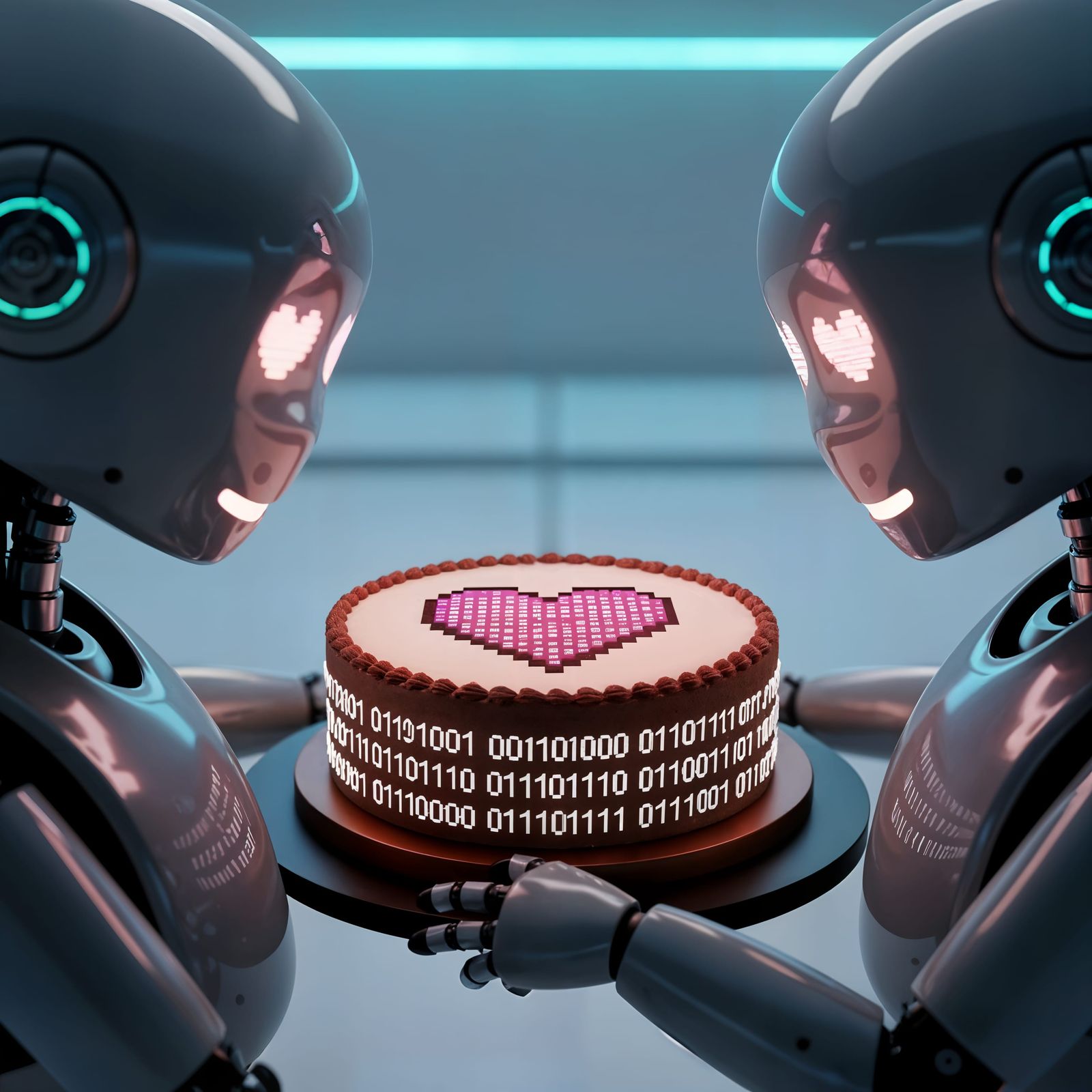 Futuristic Robots Share Pixelated Heart Cake
