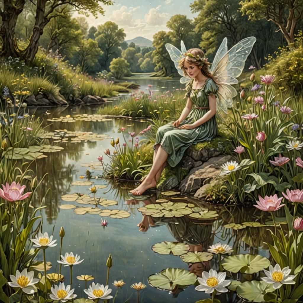Spring Fairy at Pond: Vintage Mixed Media Illustration