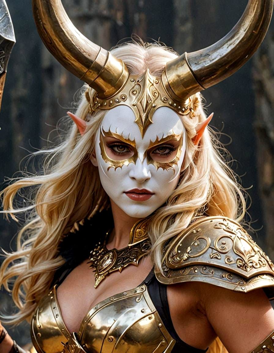 Barbarian Woman with Horned Mask and Axe