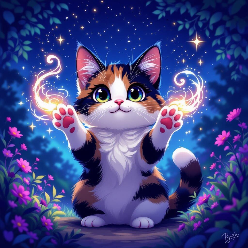 Magical Calico Cat Casting Spells With Glowing Paws