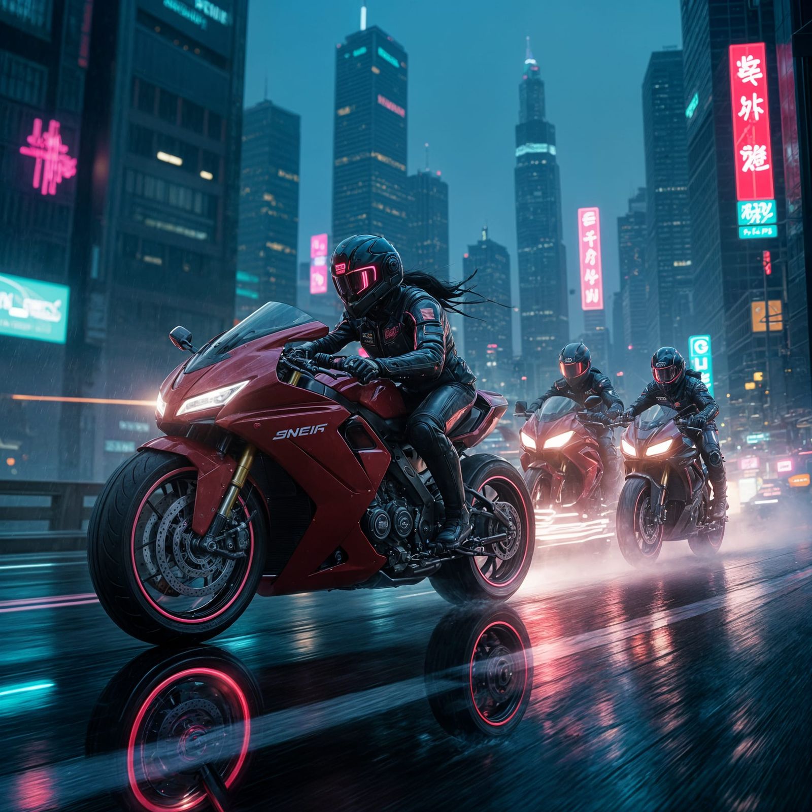 Cyberpunk Rider Speeds Through Neon City on Red Motorcycle