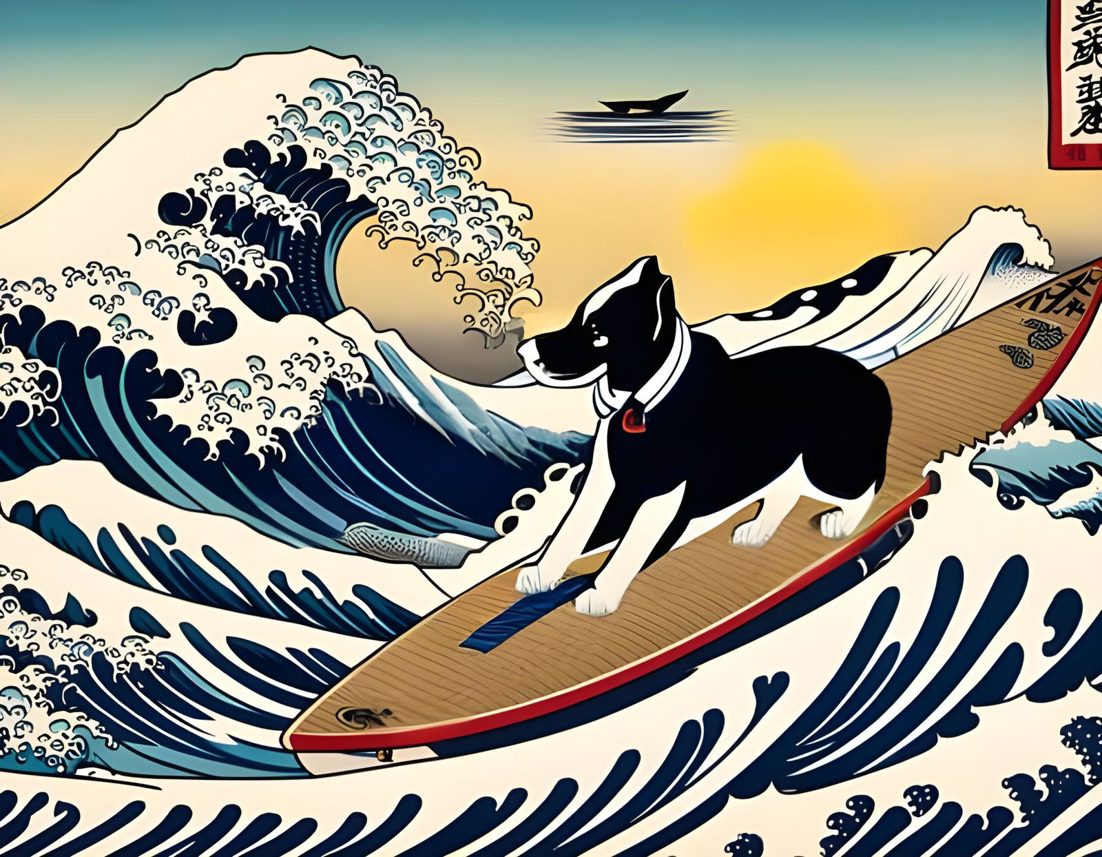 Dog Surfing the Great Wave: Ukiyo-e Style