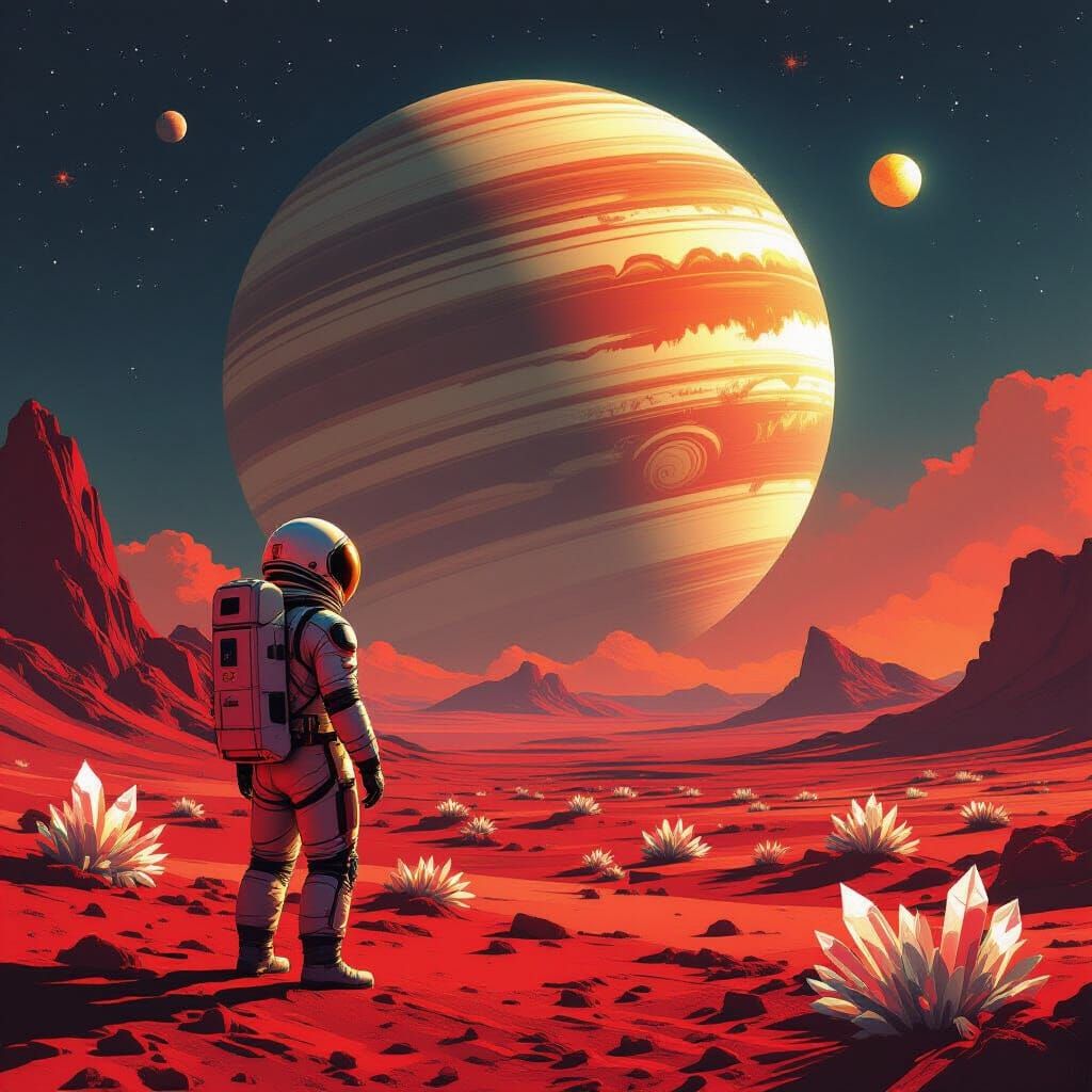 Astronaut on Crimson Planet Gazing at Ringed Giant