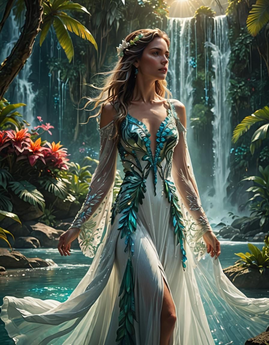 Serene Woman in Tropical Paradise Scene, Fantasy Concept Art