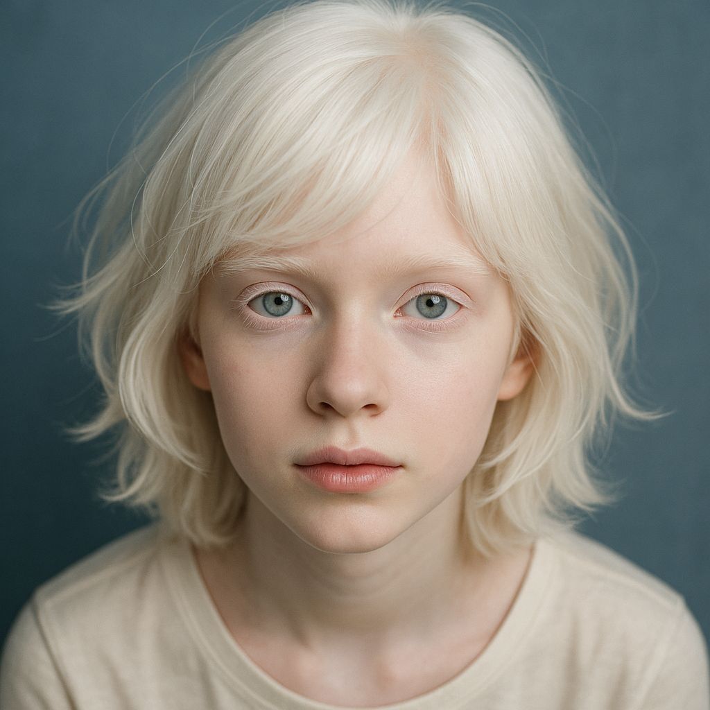 Albino Girl Portrait with White Hair on Blue