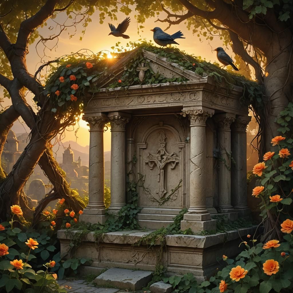 Sunset Tomb With Bird: Fantastical Matte Painting