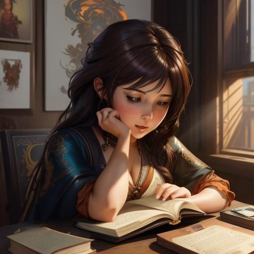 Chibi Woman Writing: Art Nouveau Splash Art