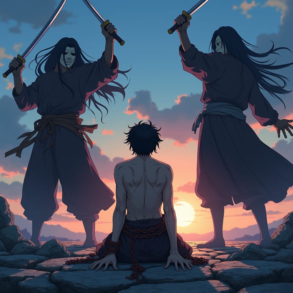 Anime Scene: Desperate Man Confronts Looming Swordsmen