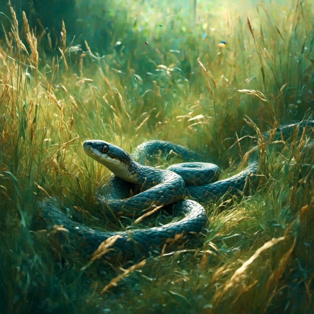 Detailed Snake Slithers Through Grass: Hyper-Realistic Digit...