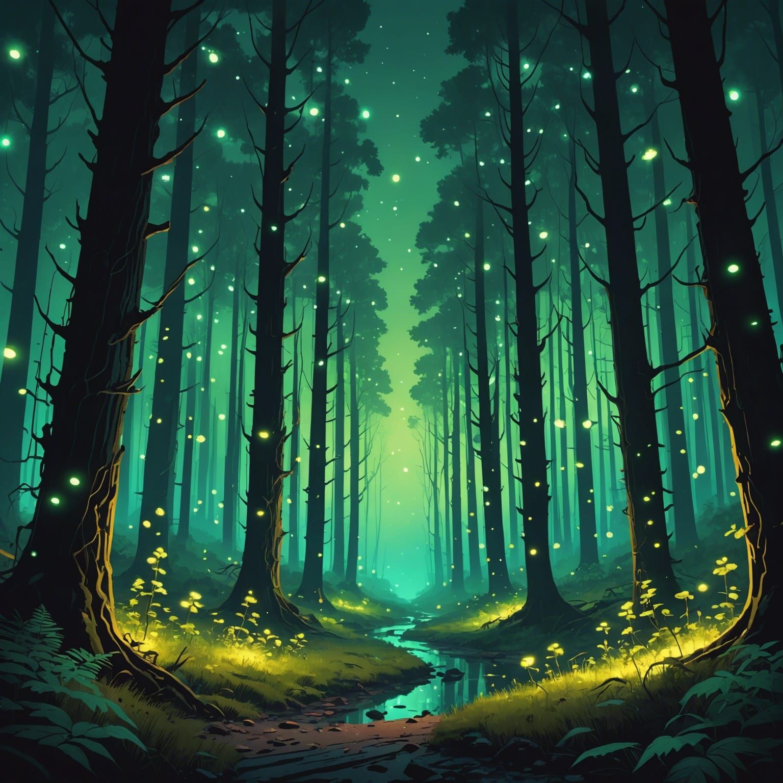 Eldritch Forest with Glowing Fireflies, Beeple Style
