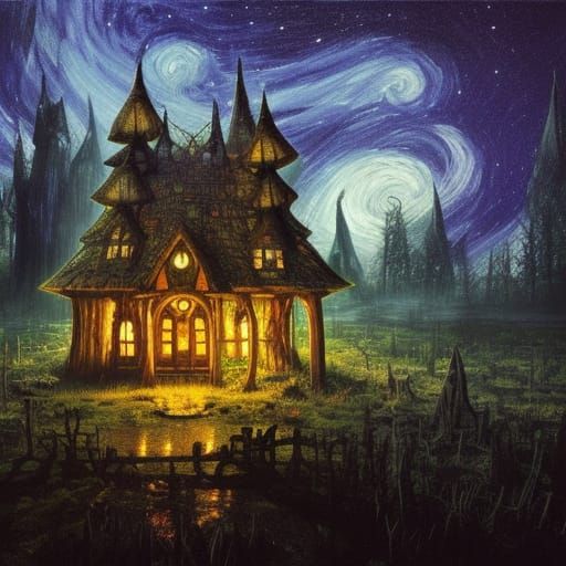 Gothic Mushroom Witch House Under Starry Sky