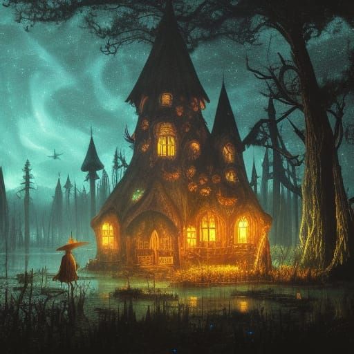 Gothic Cottagecore Mushroom Witch House in Glowing Swamp
