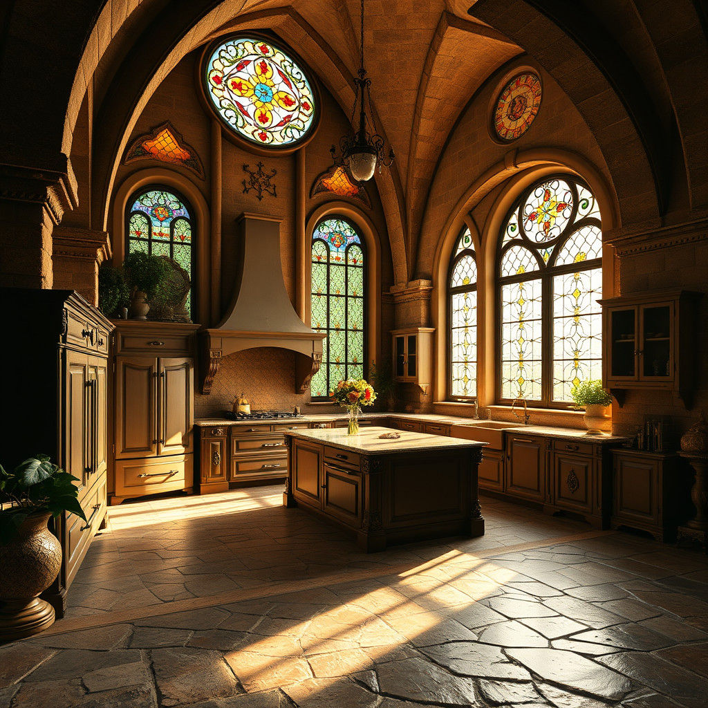 French Fantasy Kitchen with Stained Glass Window