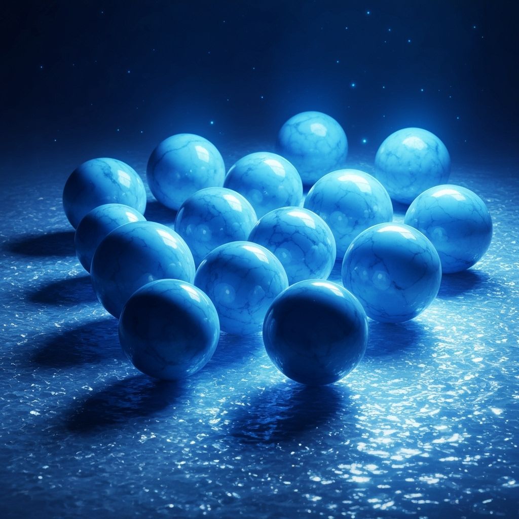 Seventy Azure Marble Spheres on Crystalline Surface