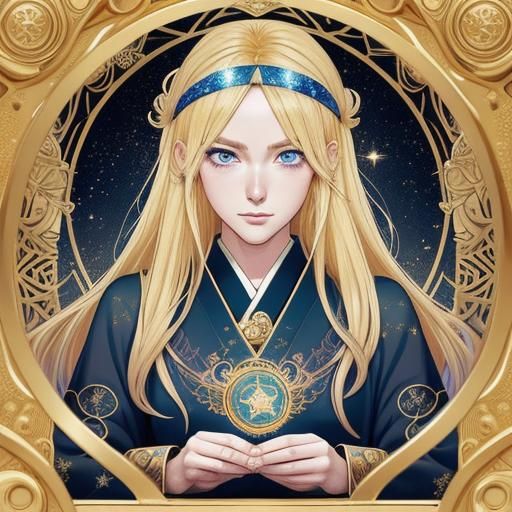 Anime Woman with Tarot Cards and Golden Coins